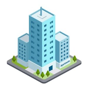 Изометрическая иллюстрация современных студий в новостройках Новосибирска на белом фоне в плоском дизайне